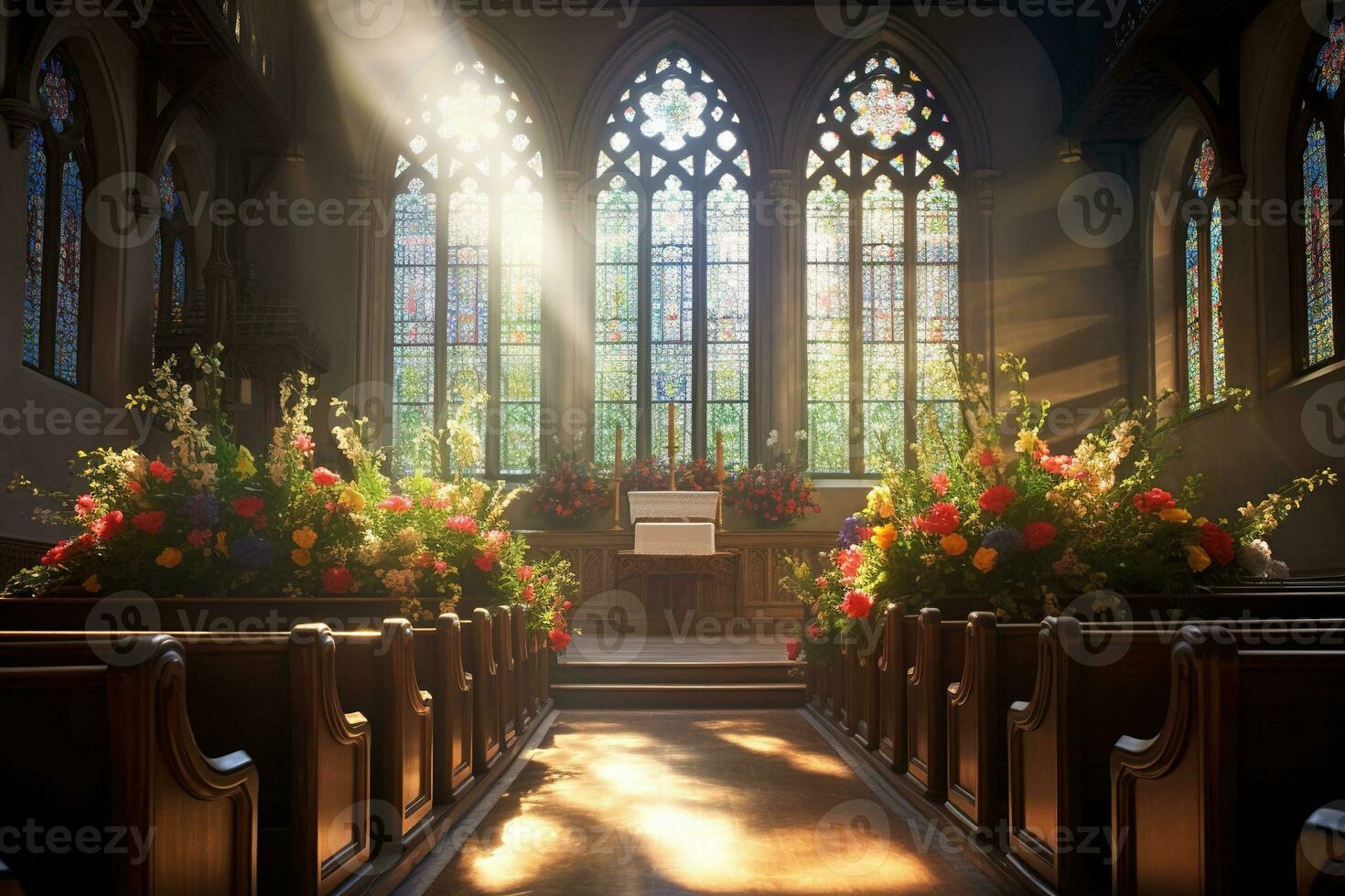 interieur van een kerk met een veel van bloemen in de voorgrond.begrafenis concept ai gegenereerd foto