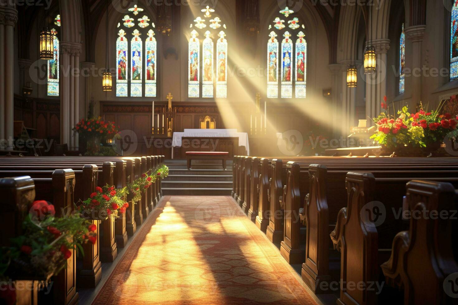 interieur van een kerk met een veel van bloemen in de voorgrond.begrafenis concept ai gegenereerd foto