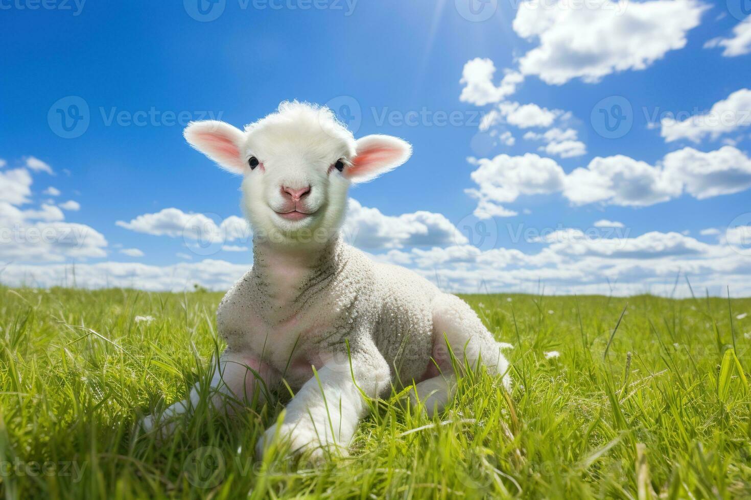 schattig lam Aan groen gras onder blauw lucht met wit wolken. ai gegenereerd foto