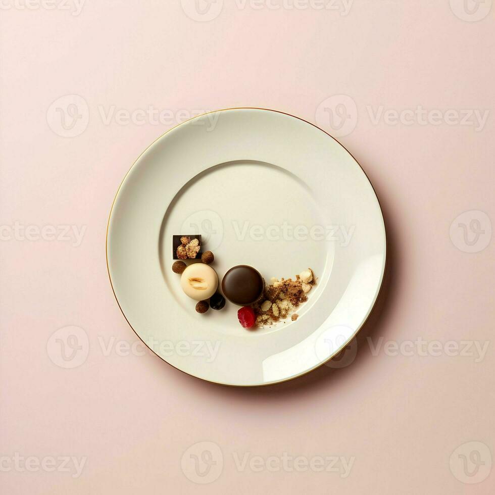 top visie van een bord met snoepgoed minimalisme. hoge resolutie. ai generatief foto