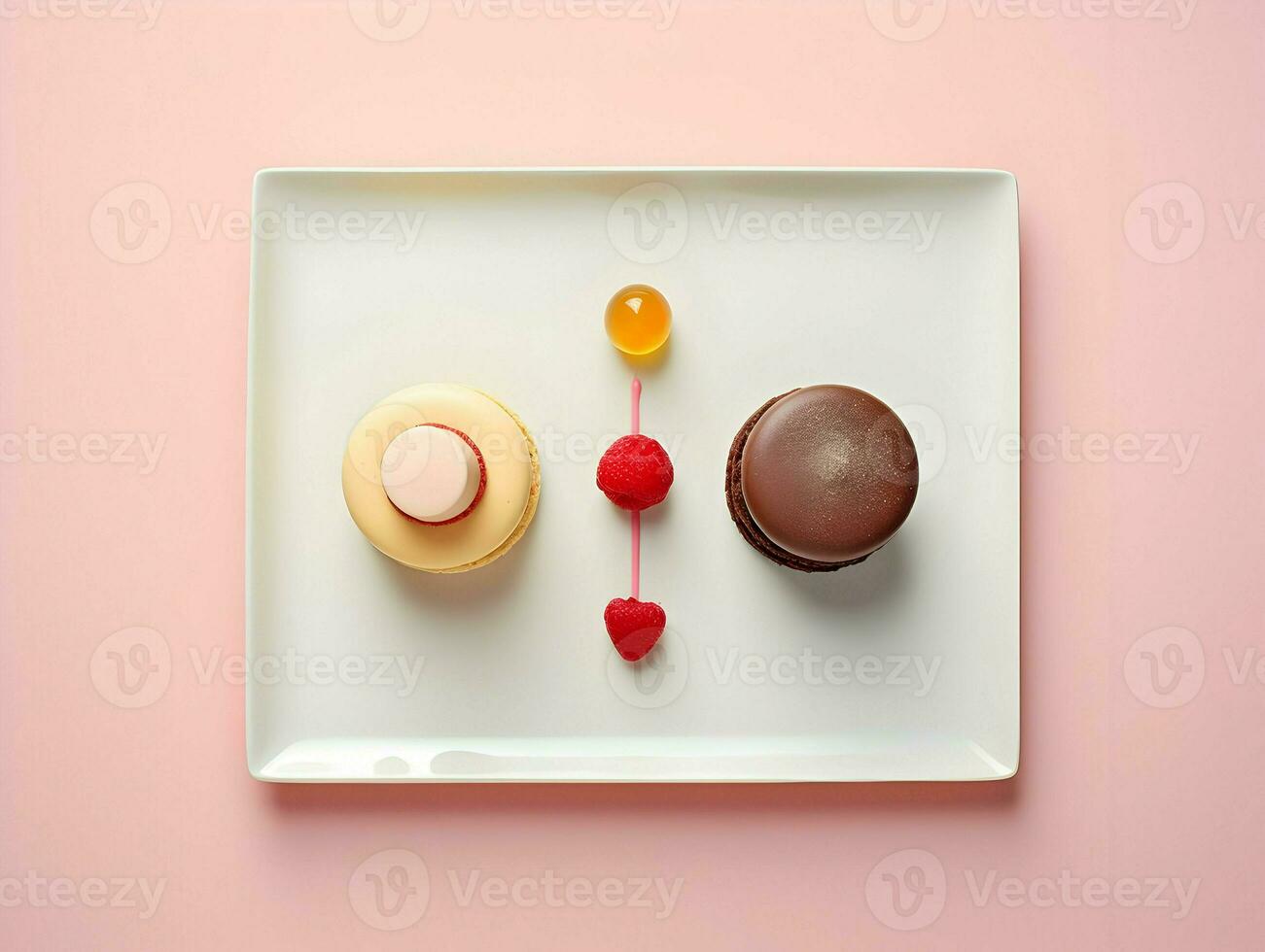 twee Frans desserts Aan plein bord minimalisme. hoge resolutie. ai generatief foto