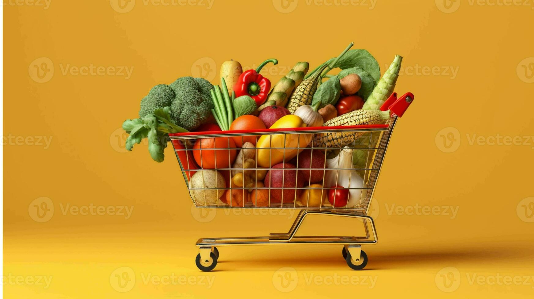 een boodschappen doen kar vol van vers fruit en groenten gegenereerd met ai foto