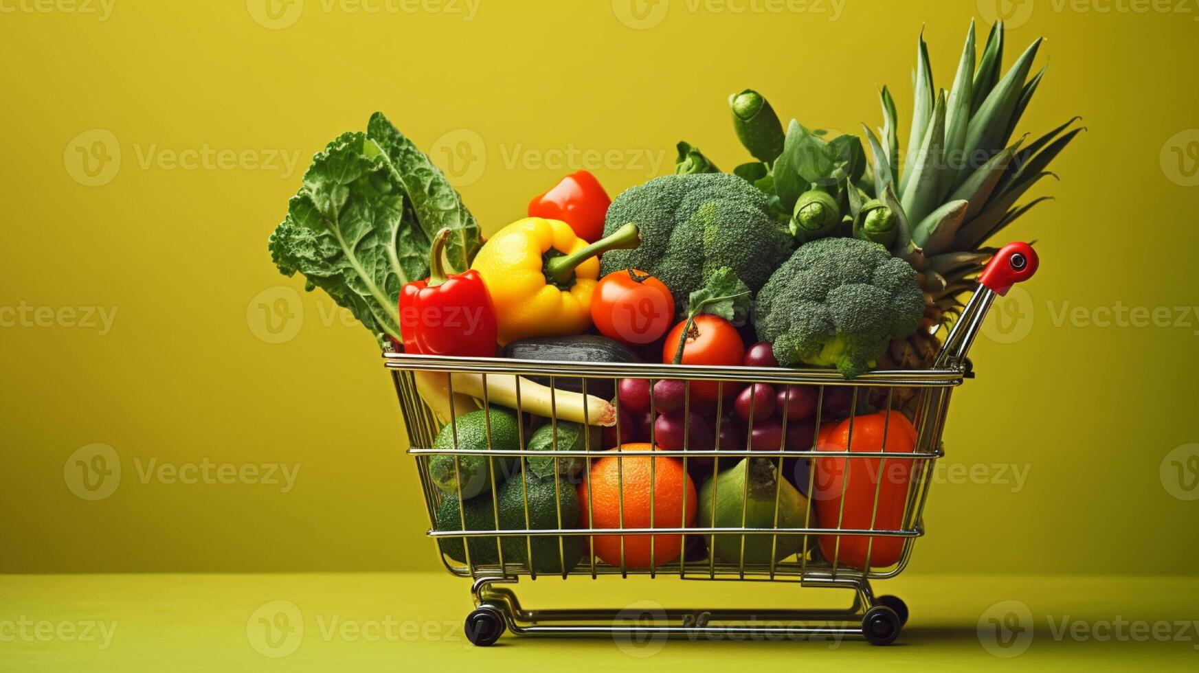 een boodschappen doen kar vol van vers fruit en groenten gegenereerd met ai foto