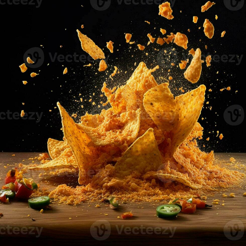 een stapel van nacho's met chips vallend in de lucht gegenereerd met ai foto