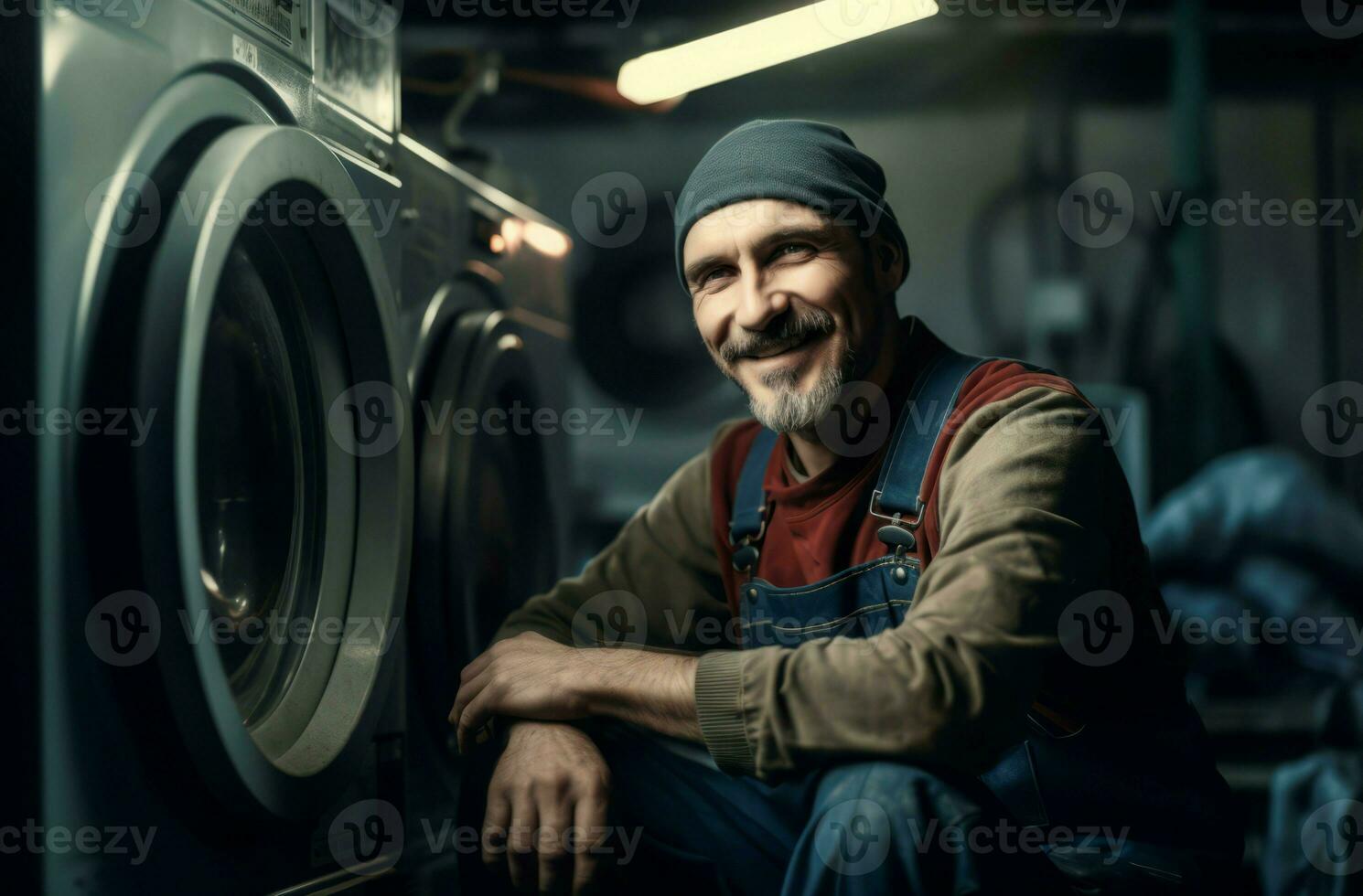 glimlachen klusjesman het wassen machine. genereren ai foto