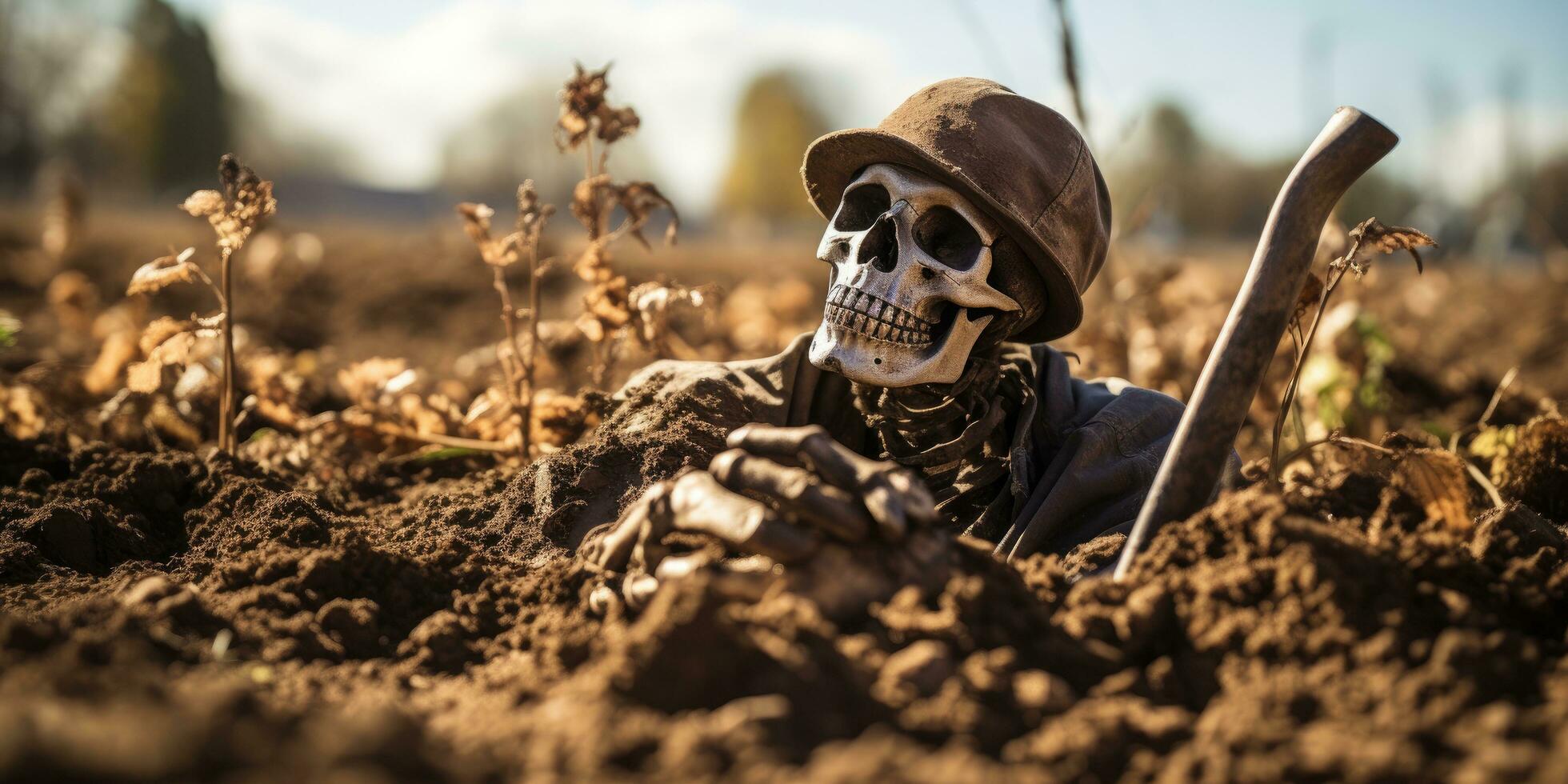 een skelet leggen Aan de spookachtig grond. skelet Leuk vinden dood door generatief ai foto