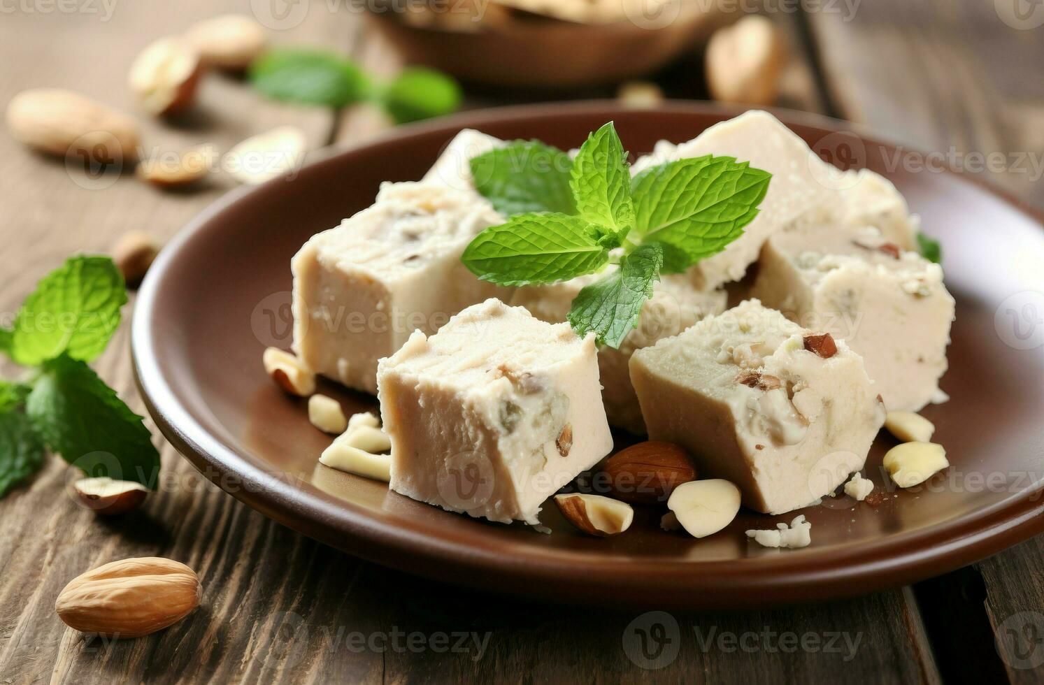 bord stuk halva Aan houten tafel. genereren ai foto