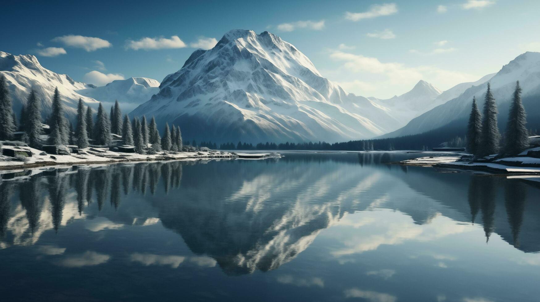 een berg reeks is weerspiegeld in een meer. ai gegenereerd foto