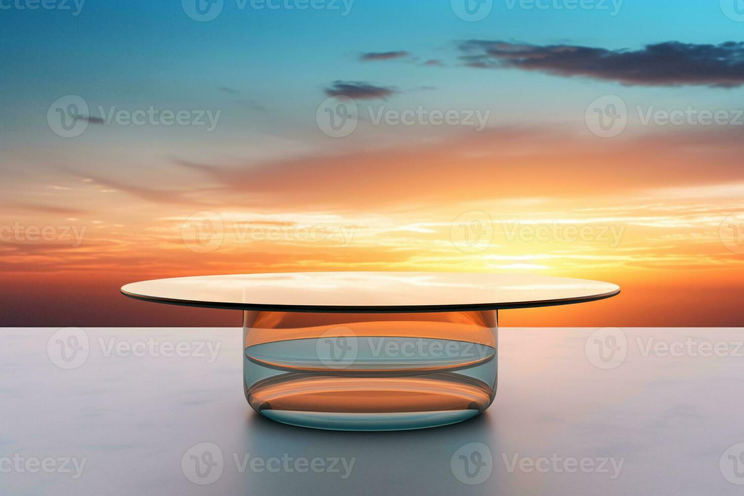 leeg ronde glas tafel met zonsondergang lucht achtergrond. ai generatief foto