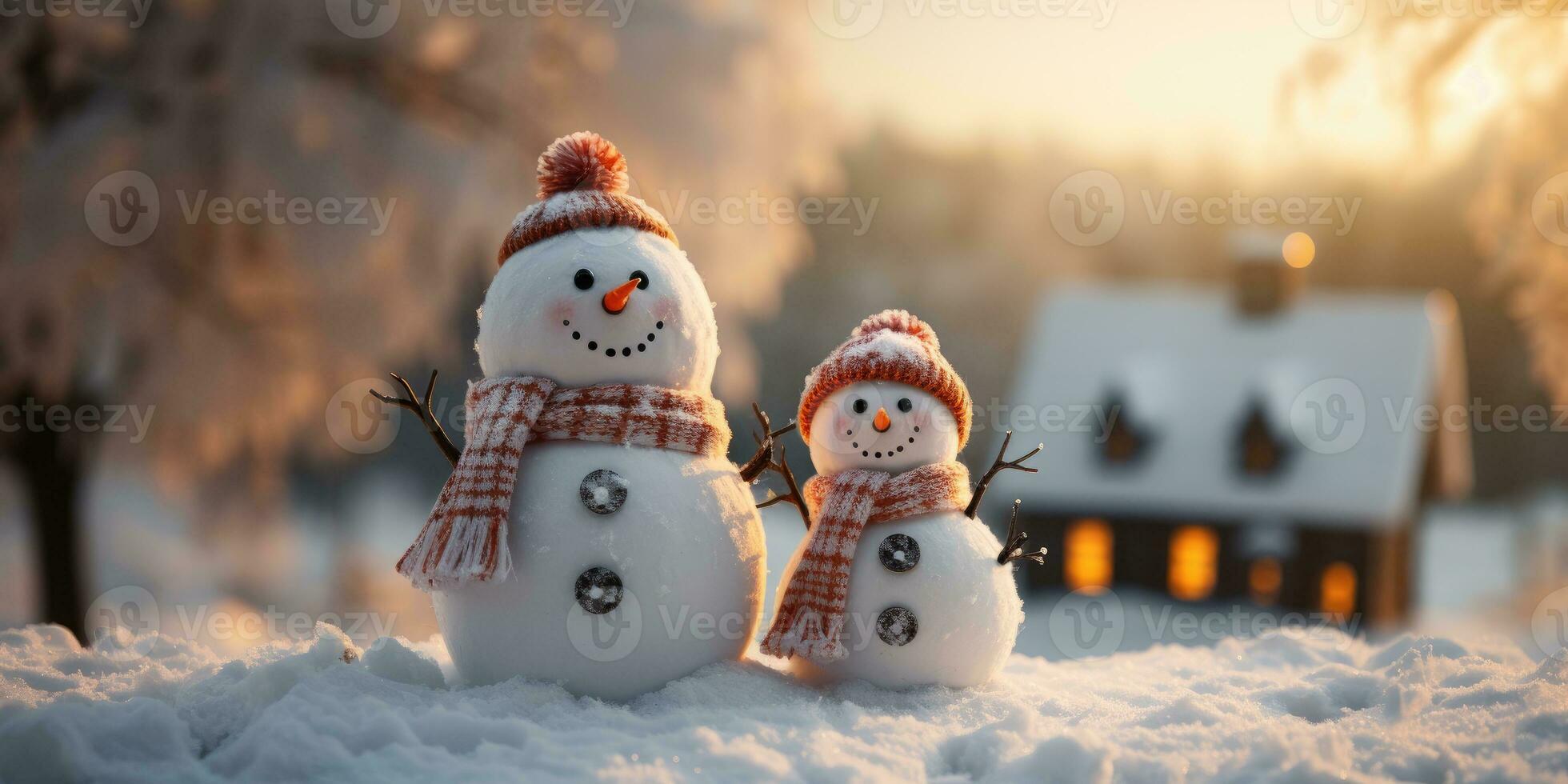 een schattig glimlachen sneeuwman in de grootste van de sneeuw met een achtergrond. bokeh een Kerstmis boom en huis de berg. zijn een wazig achtergrond. generatief ai foto