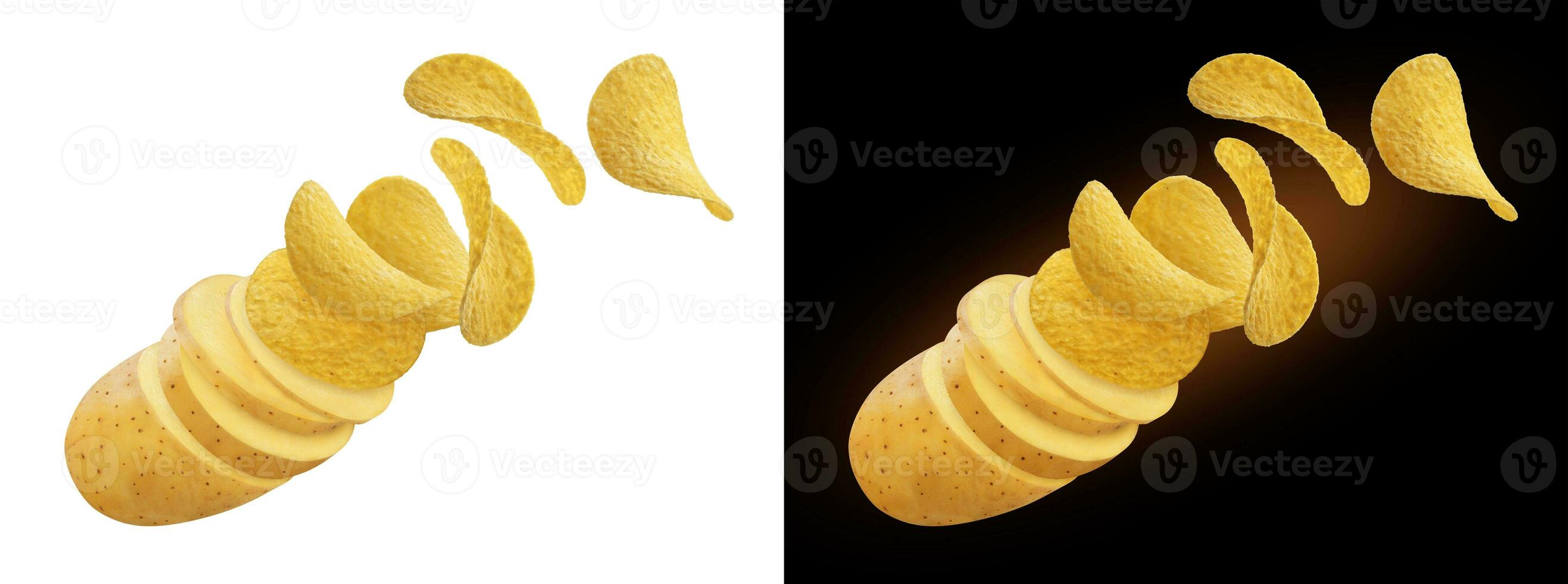 aardappel plakjes draaien in vliegend aardappel chips geïsoleerd Aan wit en zwart achtergronden foto