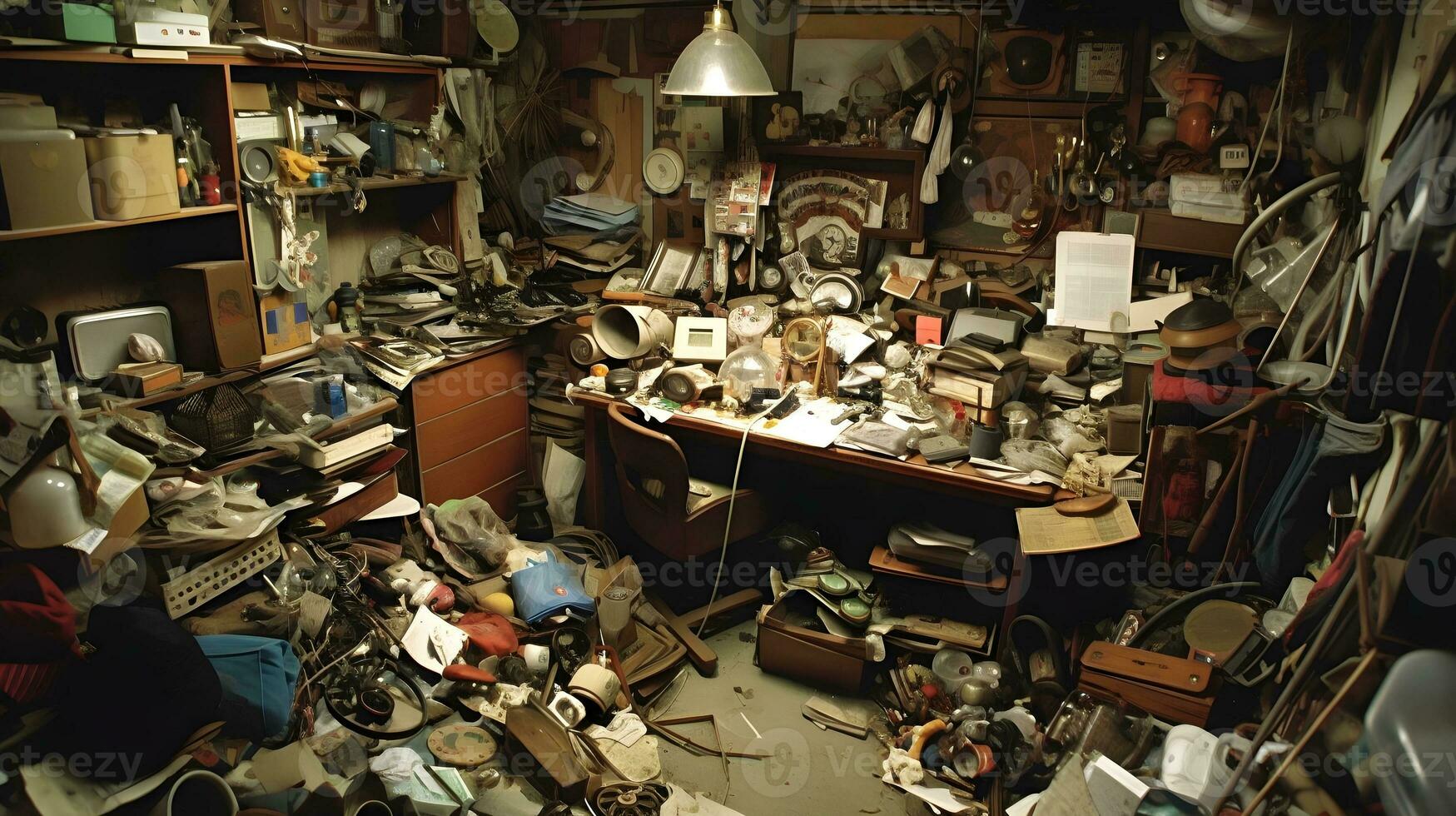 een rommelig klein kamer vol van spullen, stof en vies. ai gegenereerd. foto