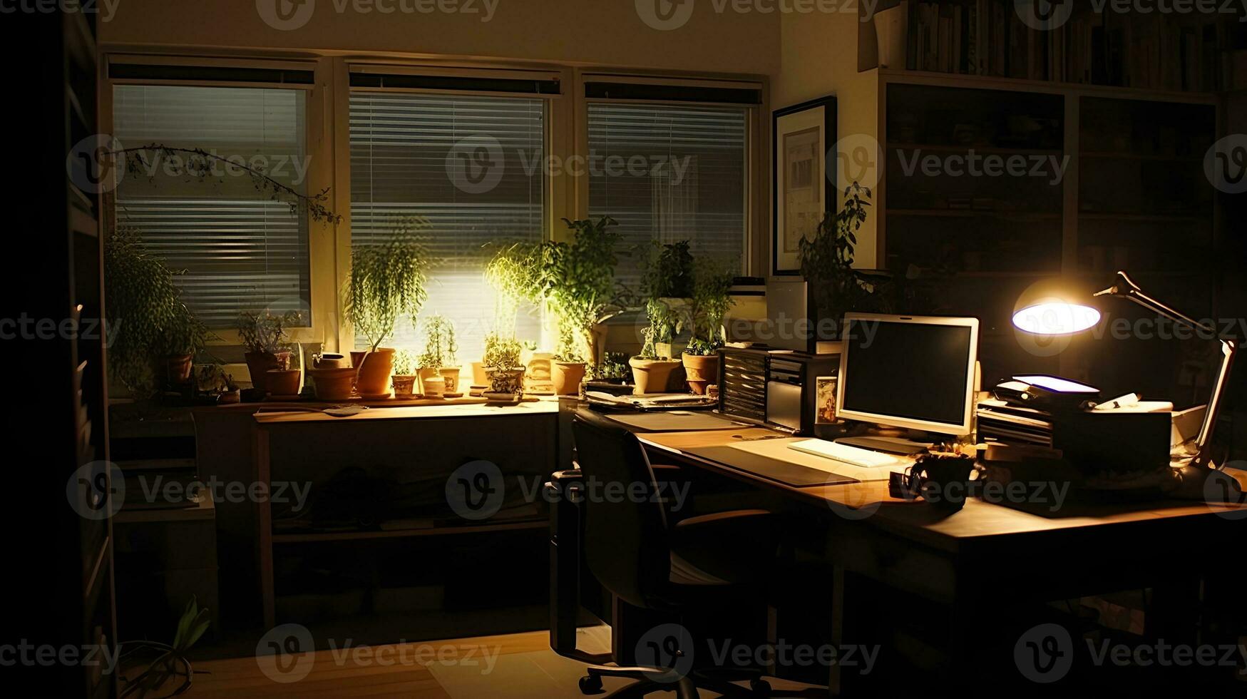 persoonlijk kantoor Bij nacht uur met vol van groen fabriek. ai gegenereerd. foto