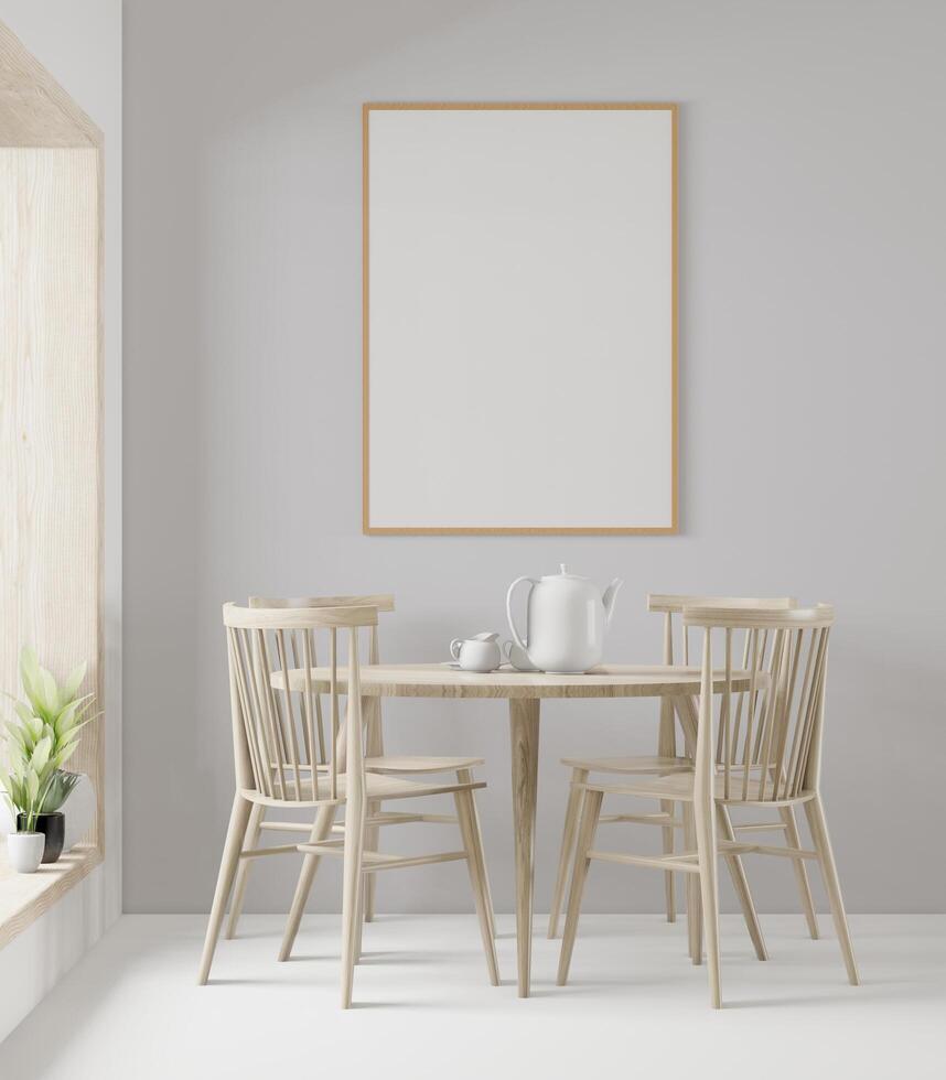 woonkamer met tafel, stoel en wandframe, 3D-stijl foto