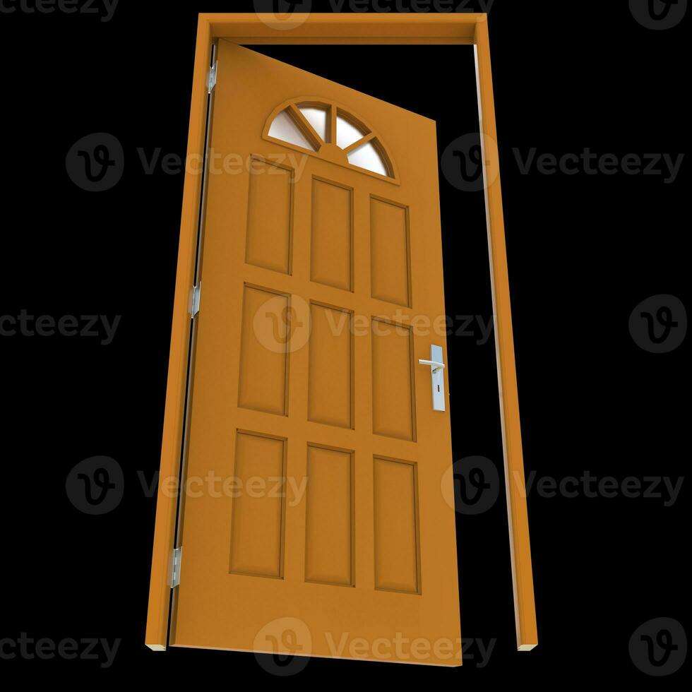 oranje deur geopend binnenkomst in zuiver wit achtergrond isolatie foto