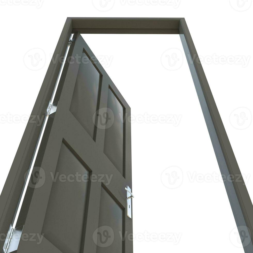 grijs deur geopend portaal tegen zuiver wit isolatie foto