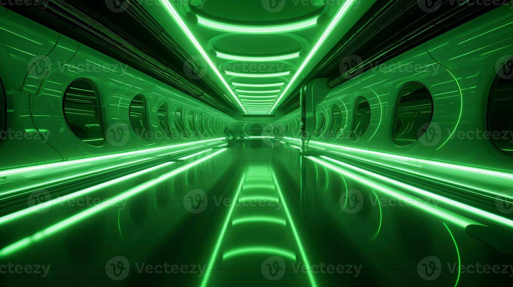 ai gegenereerd leeg groen futuristische tunnel. technologie ontwerp. foto