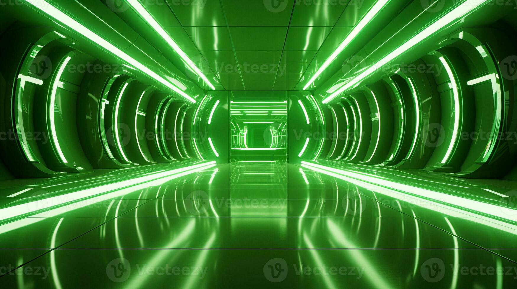 ai gegenereerd leeg groen futuristische tunnel. technologie ontwerp. foto