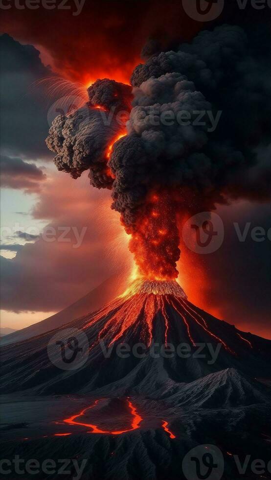 ai generatief vulkaan uitbarsting met enorm hoog barst van lava en heet wolken stijgend hoog in de lucht, pyroclastisch stromen in Azië krakatau foto