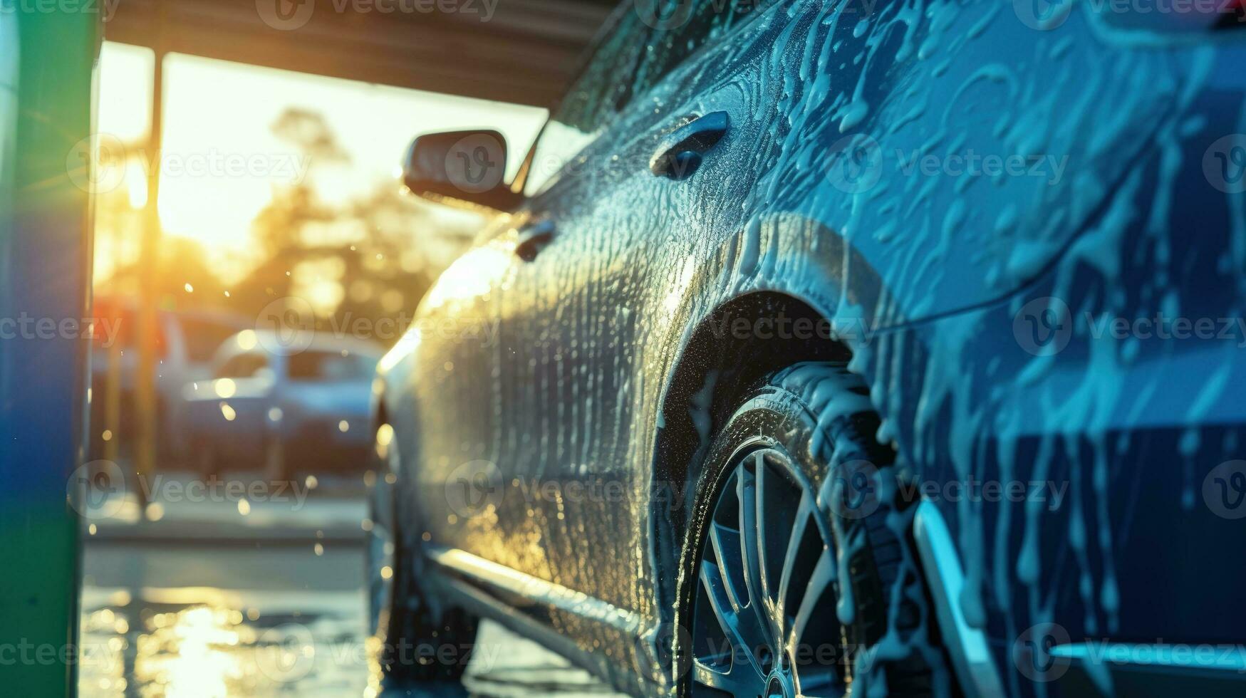 ai gegenereerd generatief ai, auto wassen met schuim zeep, hoog druk voertuig wasmachine machine sprays schuim, zelf onderhoud foto