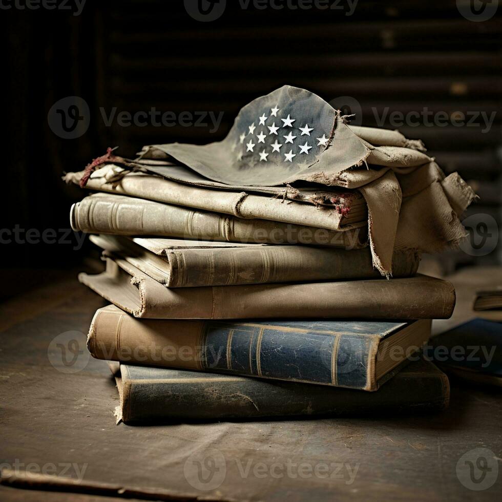 dichtbij omhoog visie van boeken Aan Amerikaans vlag, ai generatief foto