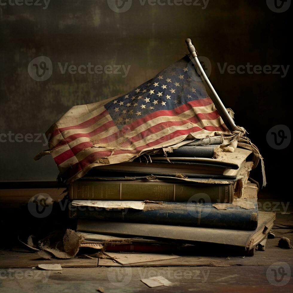 dichtbij omhoog visie van boeken Aan Amerikaans vlag, ai generatief foto