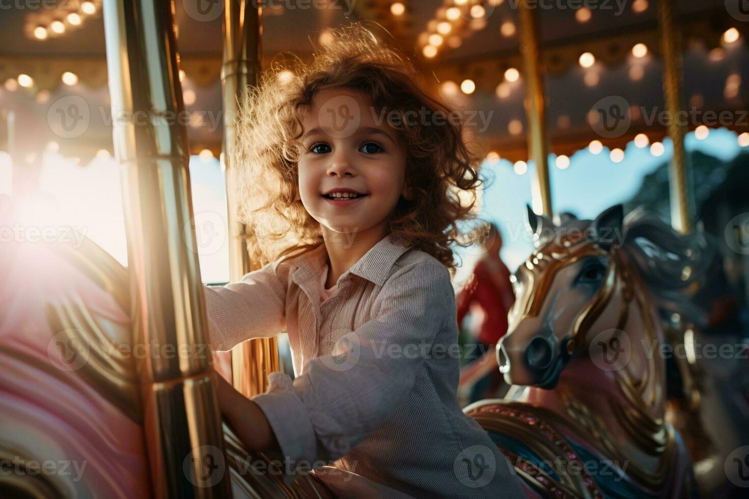 een gelukkig jong jongen uitdrukken opwinding terwijl Aan een kleurrijk carrousel, ai generatief foto