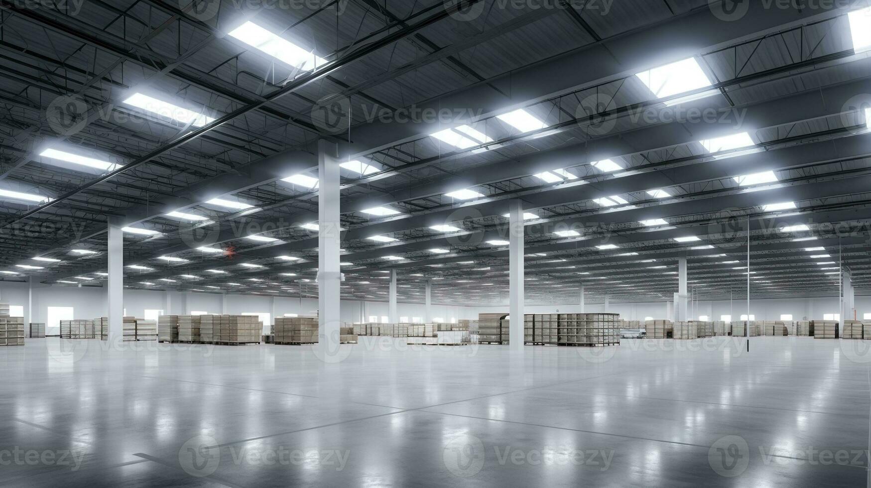 ai gegenereerd generatief ai, magazijn interieur met LED verlichting, industrie gebouw, distributie kleinhandel centrum, een deel van opslagruimte en Verzending systeem foto