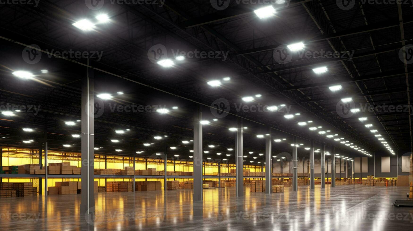 ai gegenereerd generatief ai, magazijn interieur met LED verlichting, industrie gebouw, distributie kleinhandel centrum, een deel van opslagruimte en Verzending systeem foto