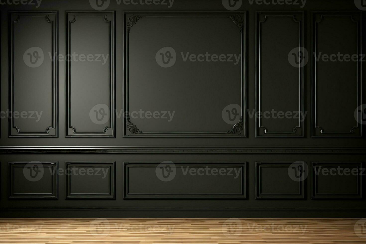 modern klassiek zwart leeg interieur met muur panelen en houten vloer. 3d geven illustratie bespotten omhoog. generatief ai. foto