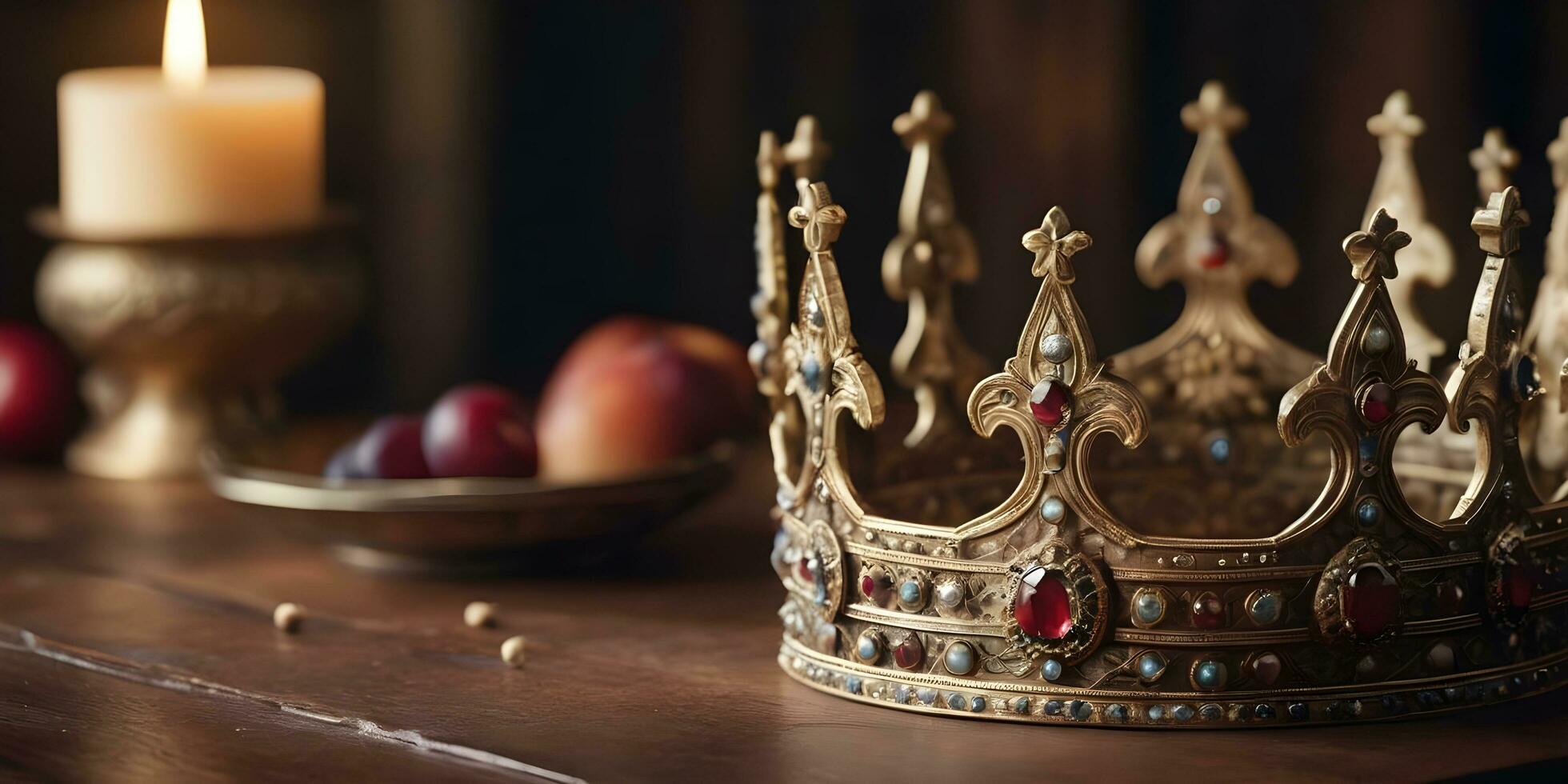 een realistisch kroon zit Aan top van een houten tafel ai gegenereerd foto