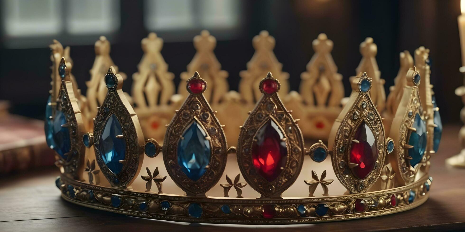 een realistisch kroon zit Aan top van een houten tafel ai gegenereerd foto