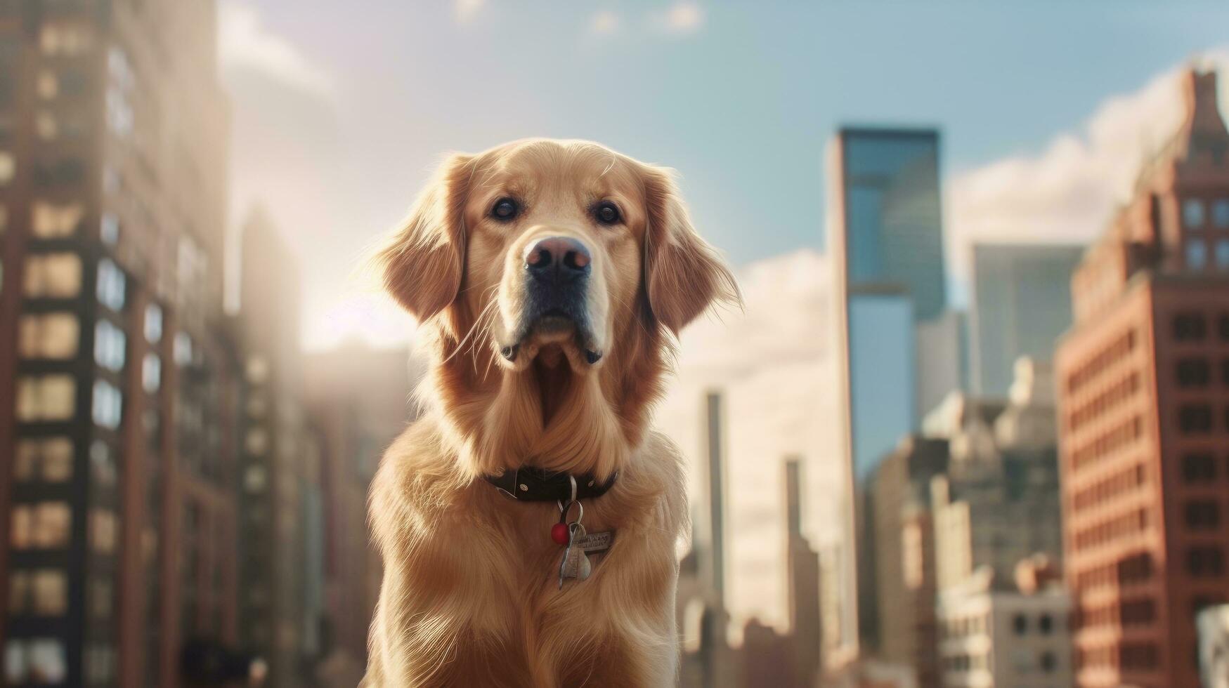 ai generatief gouden retriever Aan de achtergrond van nieuw york stad in de avond foto