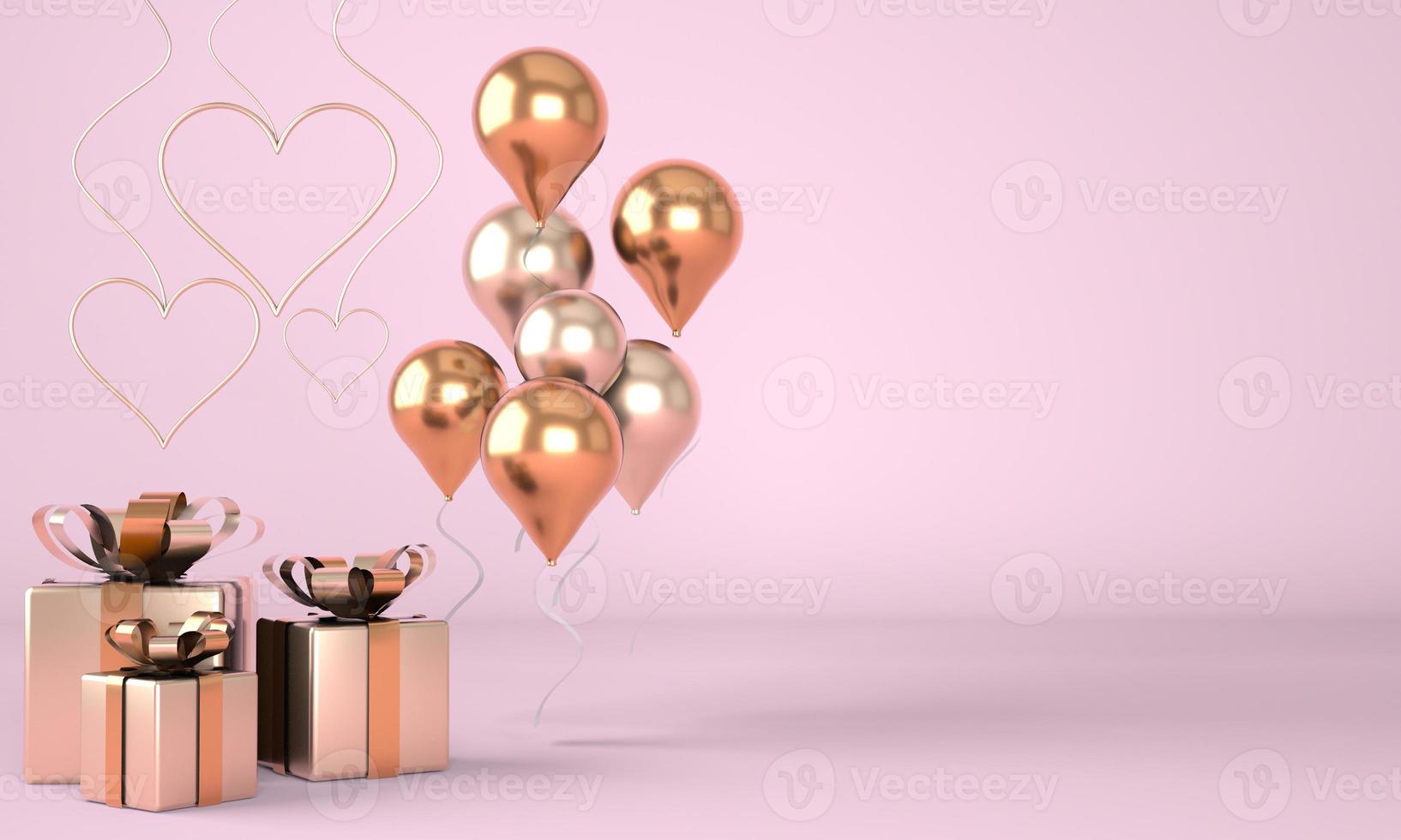 Valentijnsdag. achtergrond met realistische feestelijke geschenken doos. romantisch cadeau. gouden harten. 3d. foto