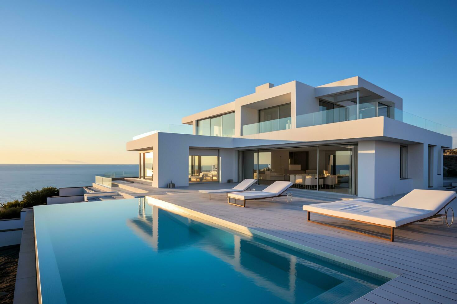 buitenkant van luxe en modern mooi minimaal villa met zwemmen zwembad, ai gegenereerd foto