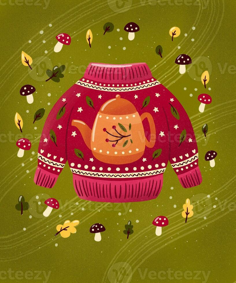 Kerstmis vakantie trui met thee ketel, bladeren en champignons. kleurrijk winter feestelijk illustratie. foto