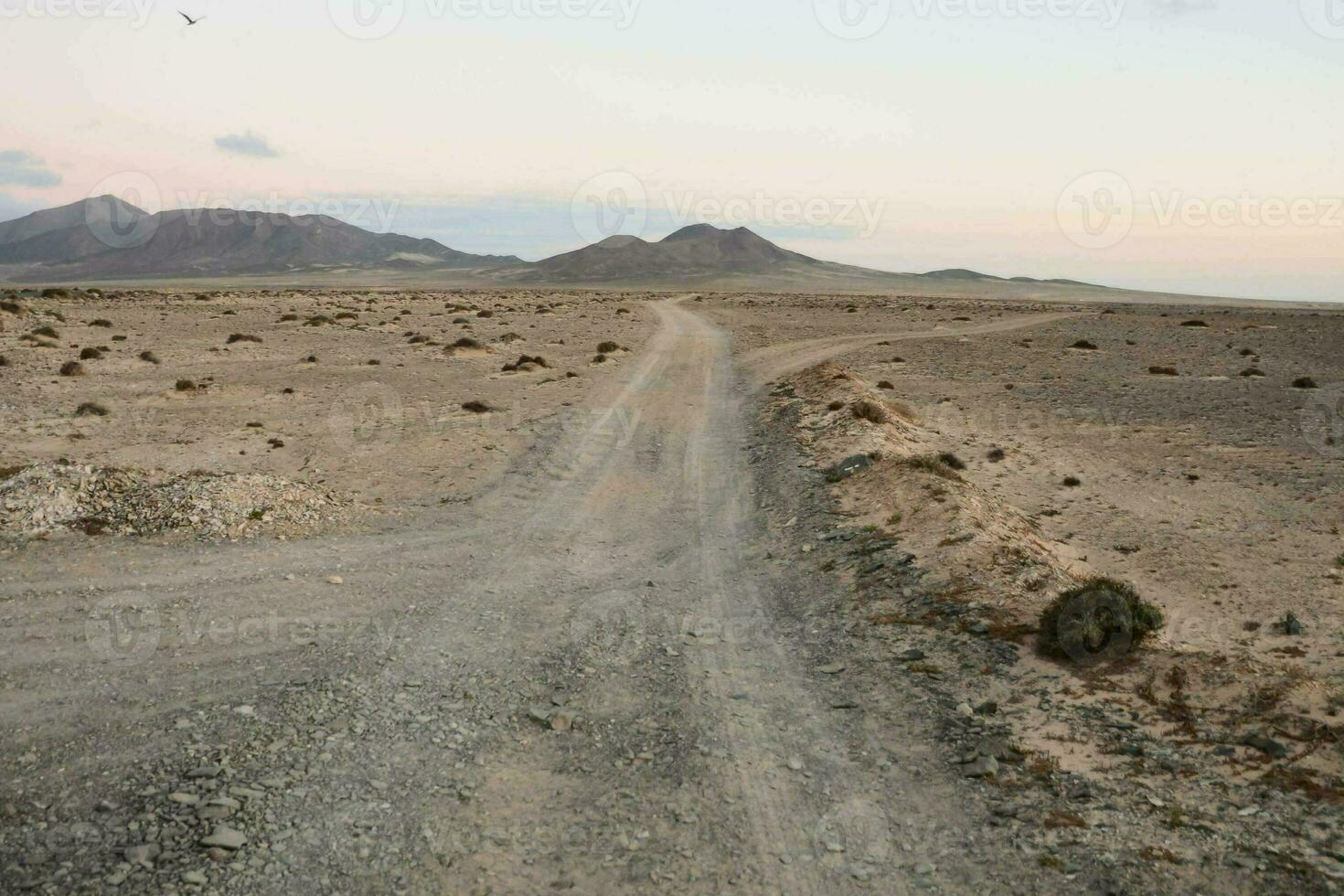 een aarde weg in de woestijn met bergen in de achtergrond foto