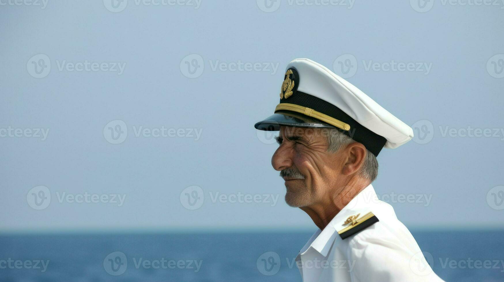 een oud schip gezagvoerder in kapitein kleding in voorkant van een zeegezicht. generatief ai foto