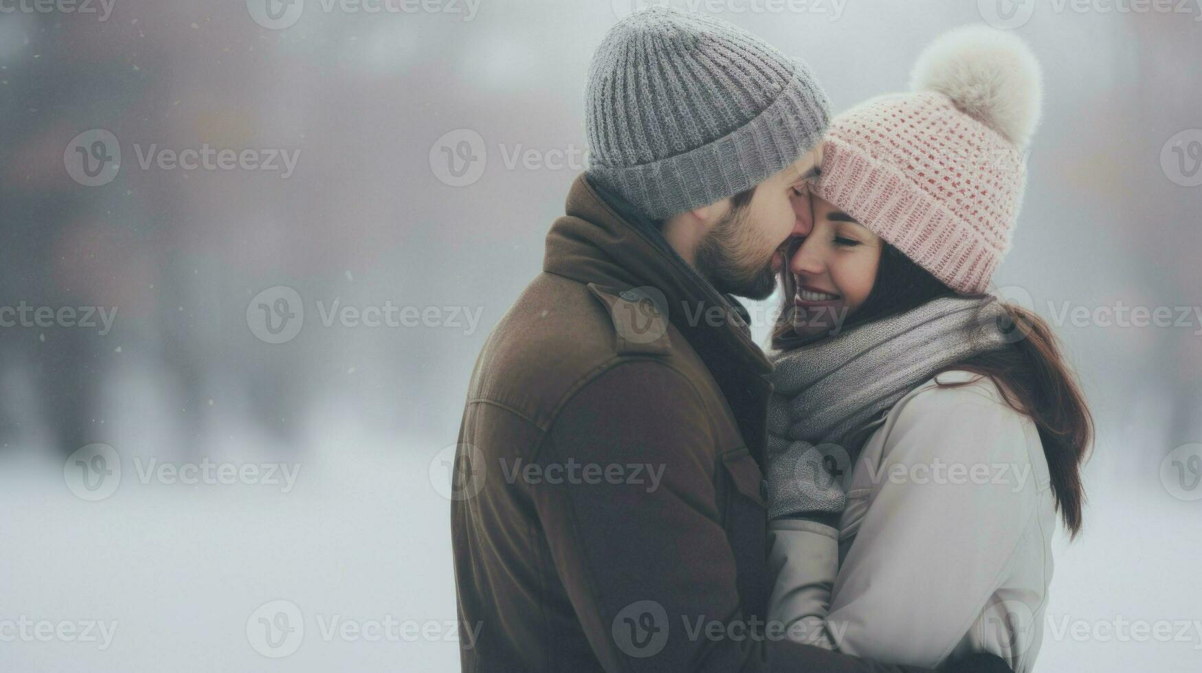 jong paar krijgen dichtbij in de besneeuwd het weer. generatief ai foto