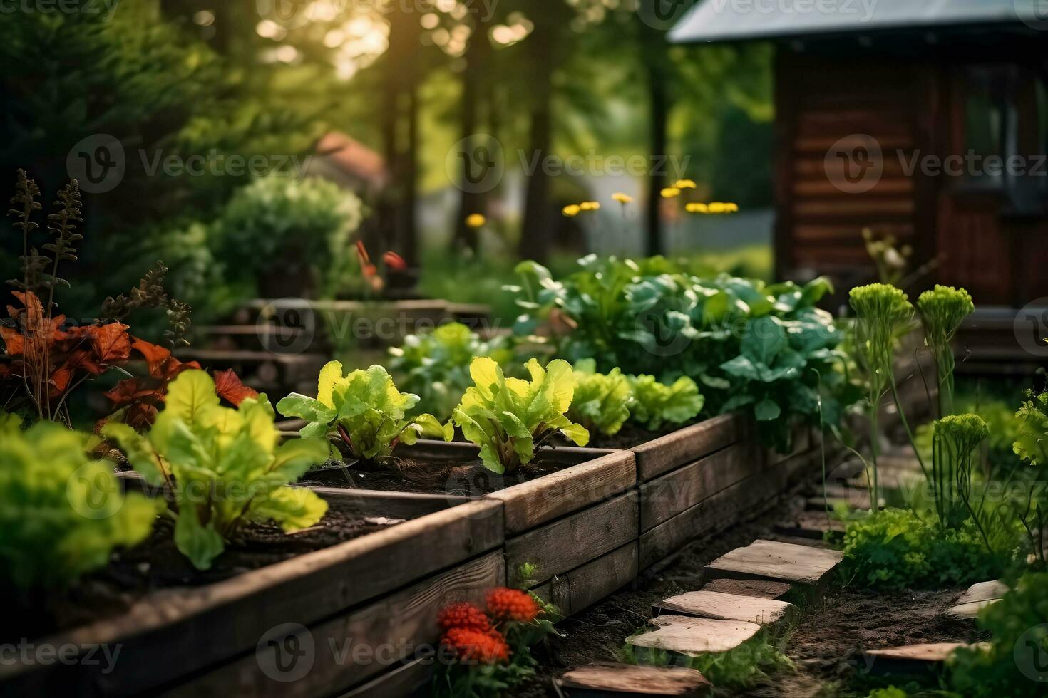 een hedendaags tuin, houten verheven bedden zijn gebruikt naar toenemen groenten ai generatief foto