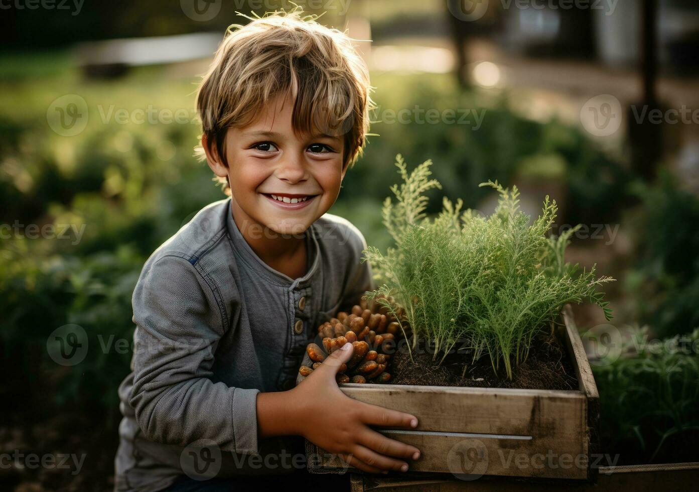 jong boer met vers geplukt tomaten in mand. hand- Holding houten doos met groenten in veld. vers biologisch groente. ai generatief. foto