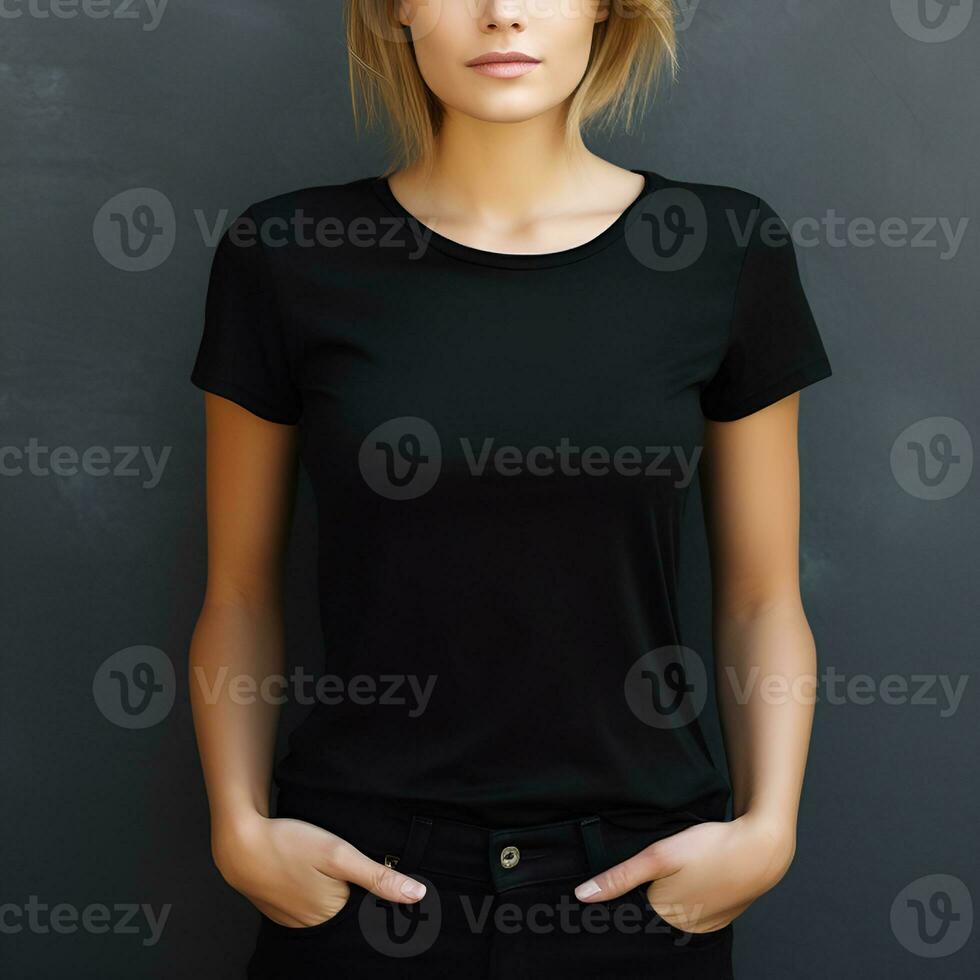 vrouw in blanco zwart t-shirt voor ontwerp model, voorkant visie. generatief ai foto