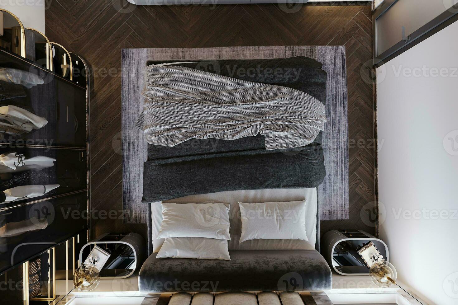 een classy kroonluchter in afwachting over- de bed in een modern kamer. foto