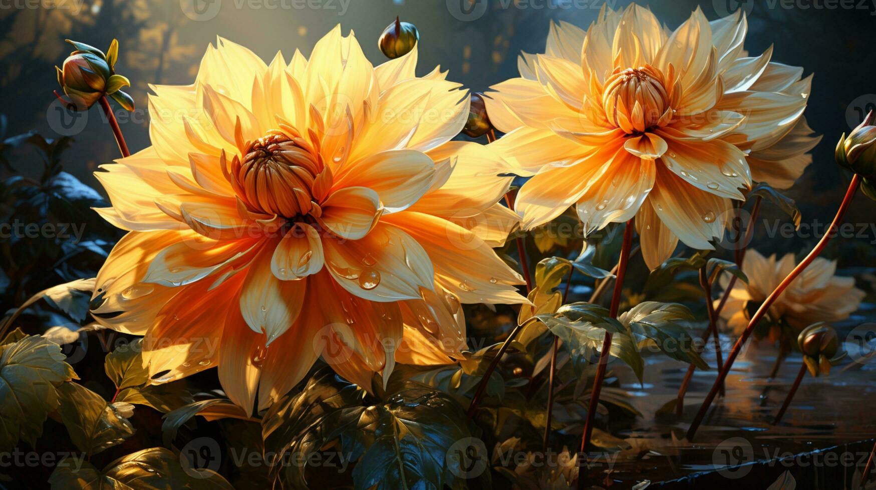 dahlia bloem zonsondergang of zonsopkomst lucht geel licht Aan gouden uren ai gegenereerd foto