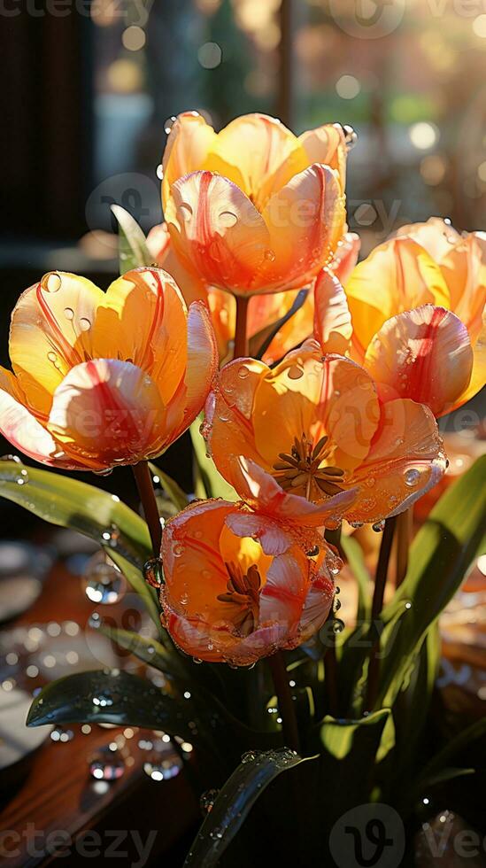 schoonheid tulp bloem en zonsondergang lucht ai gegenereerd foto