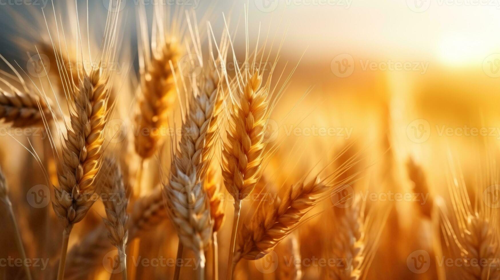 tarwe veld- oren van gouden tarwe dichtbij omhoog. mooi natuur zonsondergang landschap. generatief ai foto