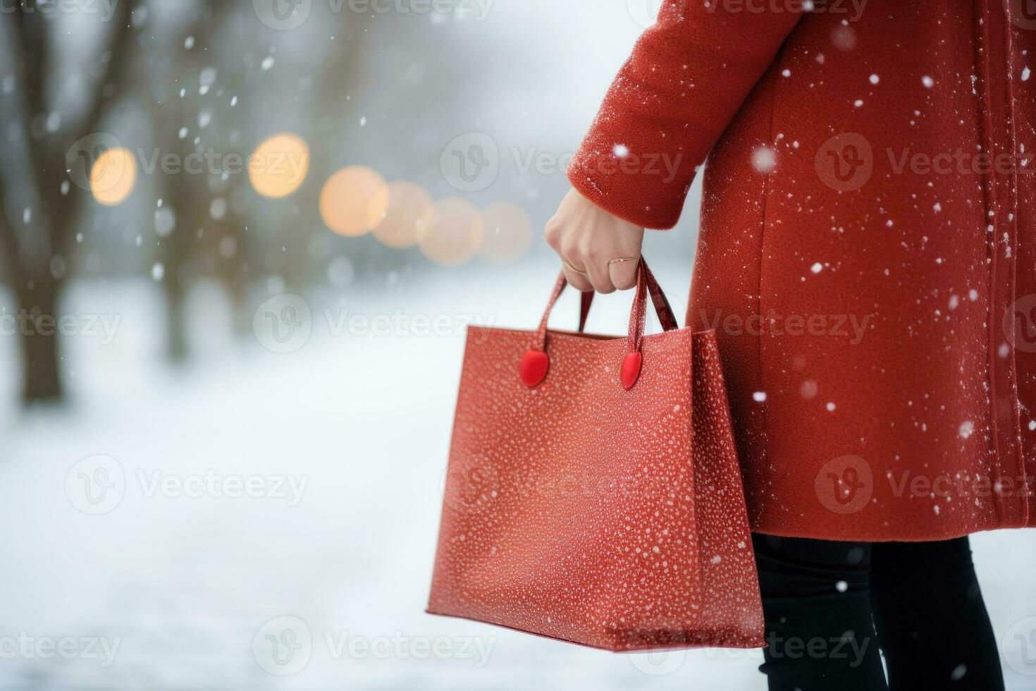 vrouw in winter slijtage houdt rood boodschappen doen tas. generatief ai foto