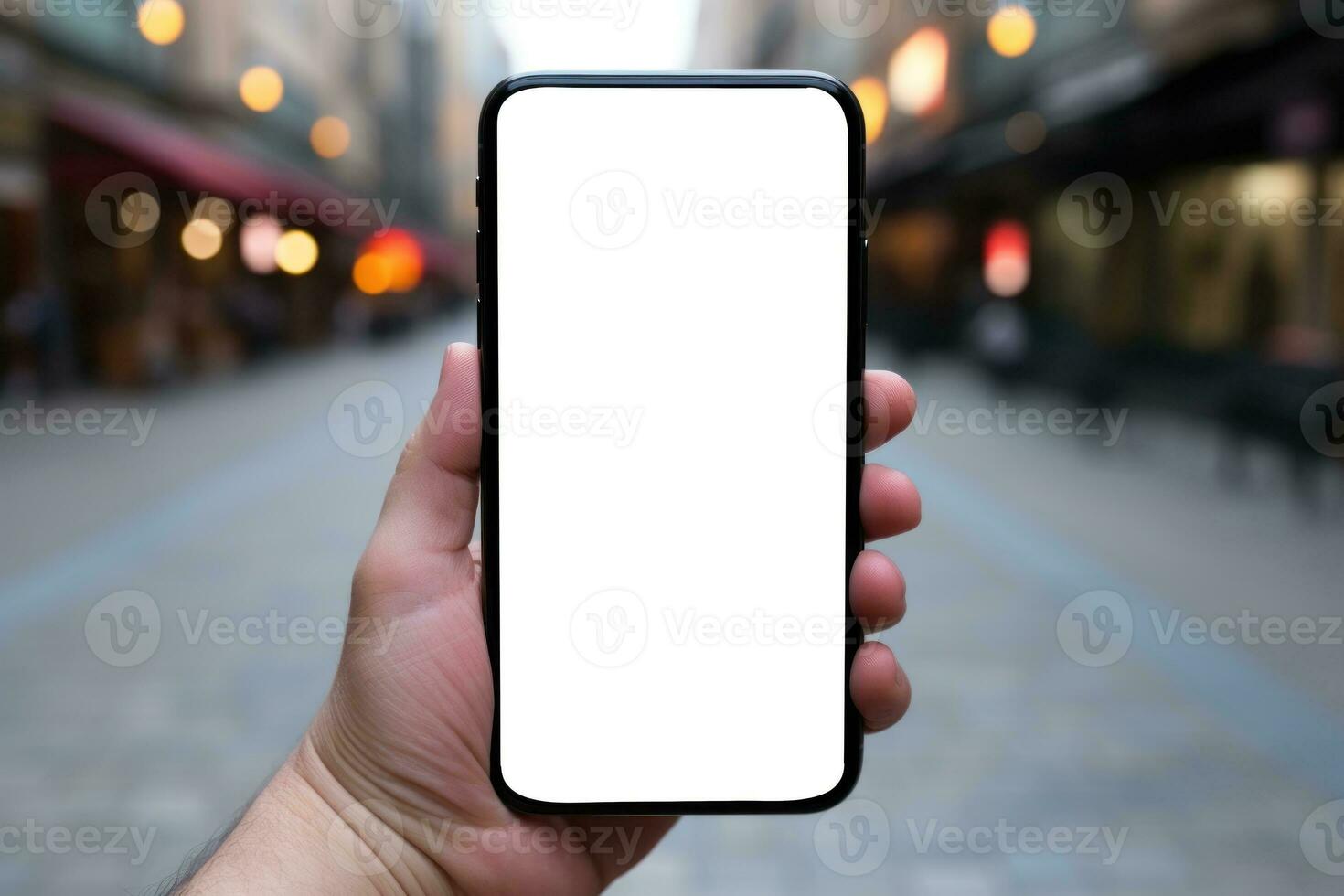 dichtbij omhoog handen Holding een smartphone met blanco. generatief ai foto