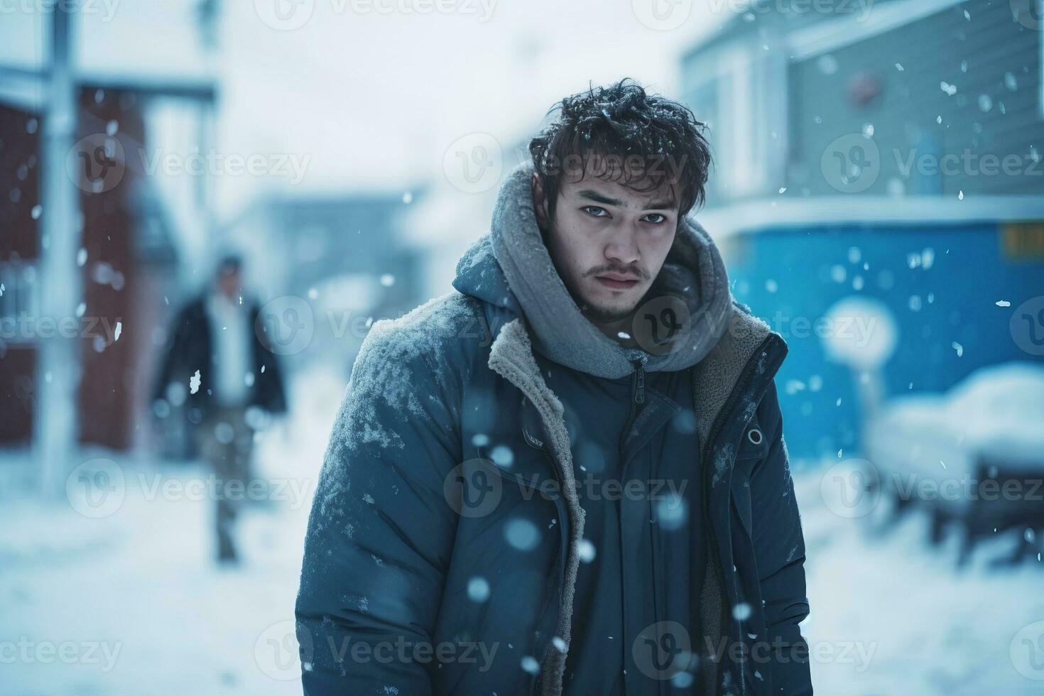 een verdrietig Mens staat Aan een straat in winter Aan een blauw maandag. ai gegenereerd. foto