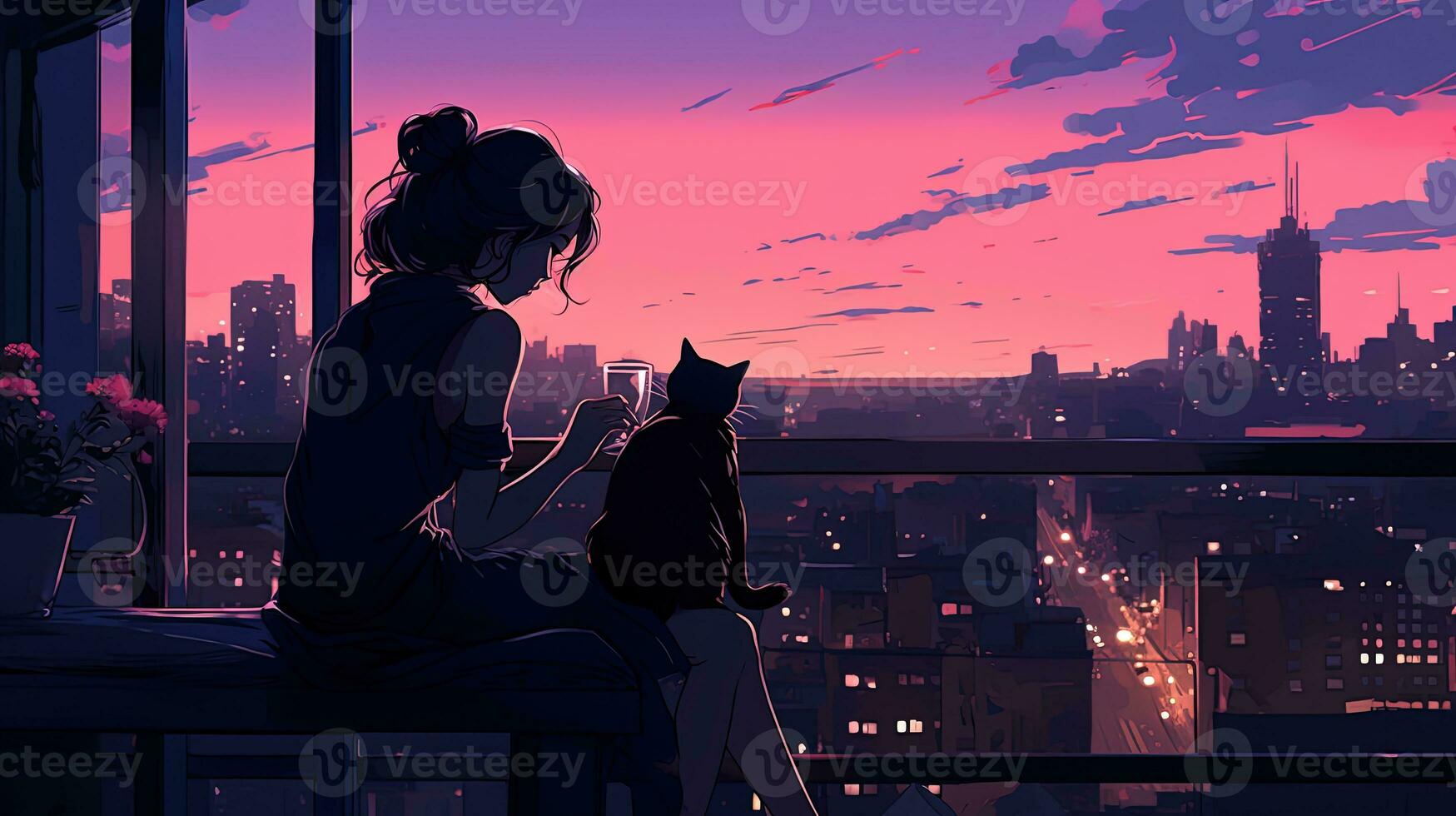 ai gegenereerd een meisje in een wit jurk staat Aan de achtergrond van een afgelegen avond stad in anime stijl. top visie foto